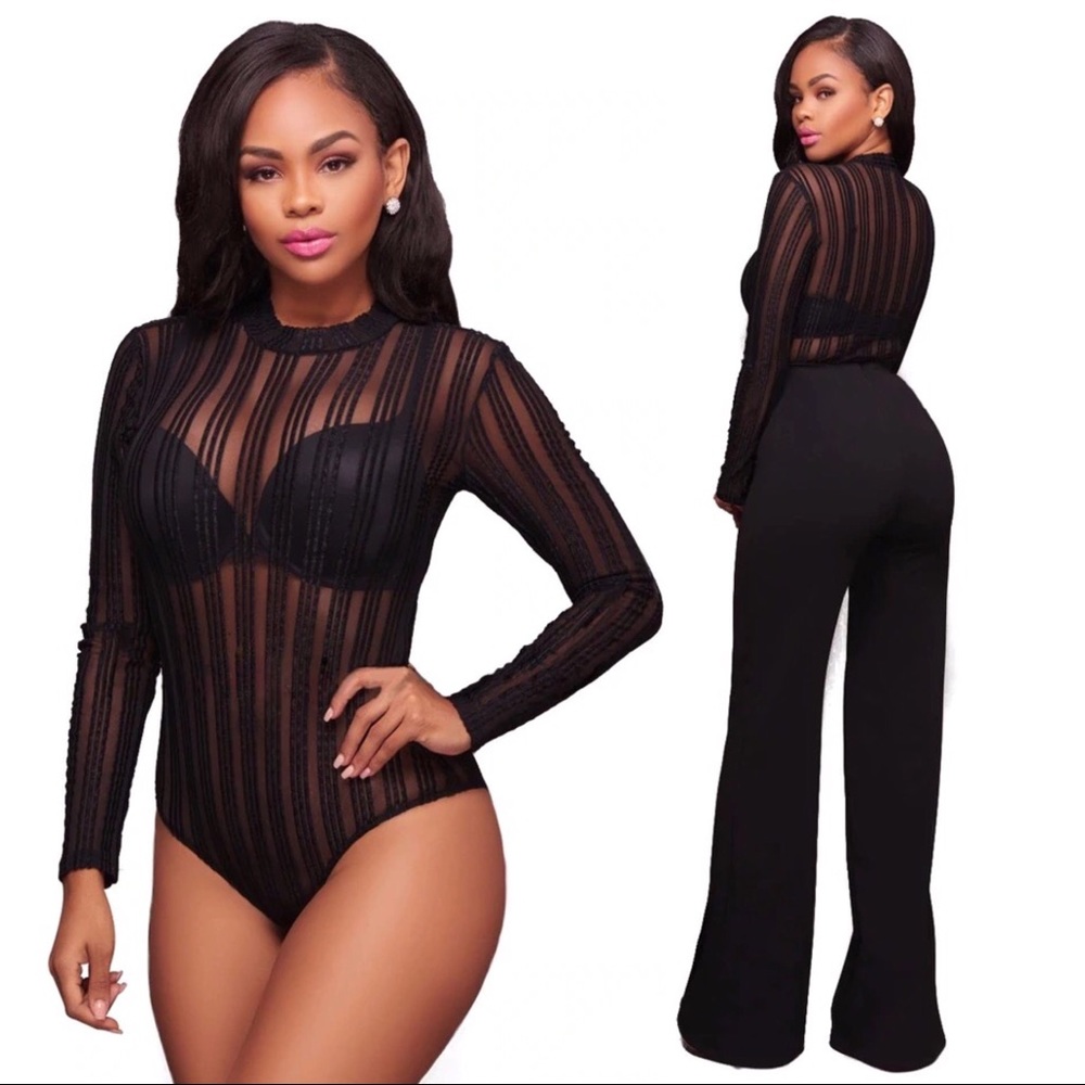 🚨Sale🚨Striped Sheer Mesh Long Sleeve Bodysuit